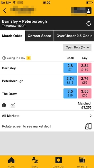 An example of a Back&Lay bet